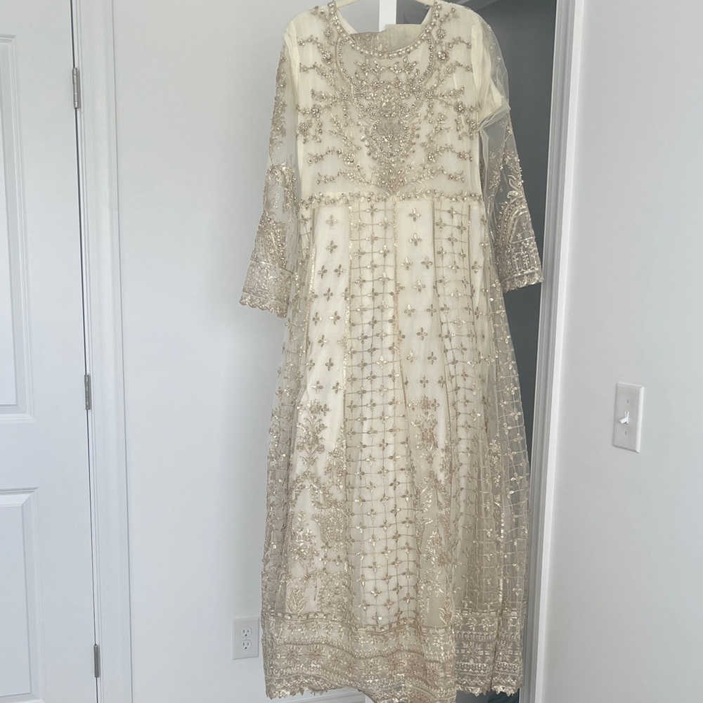 Elegant Indian Pakistani Cream Embroidered Gown with Trouser